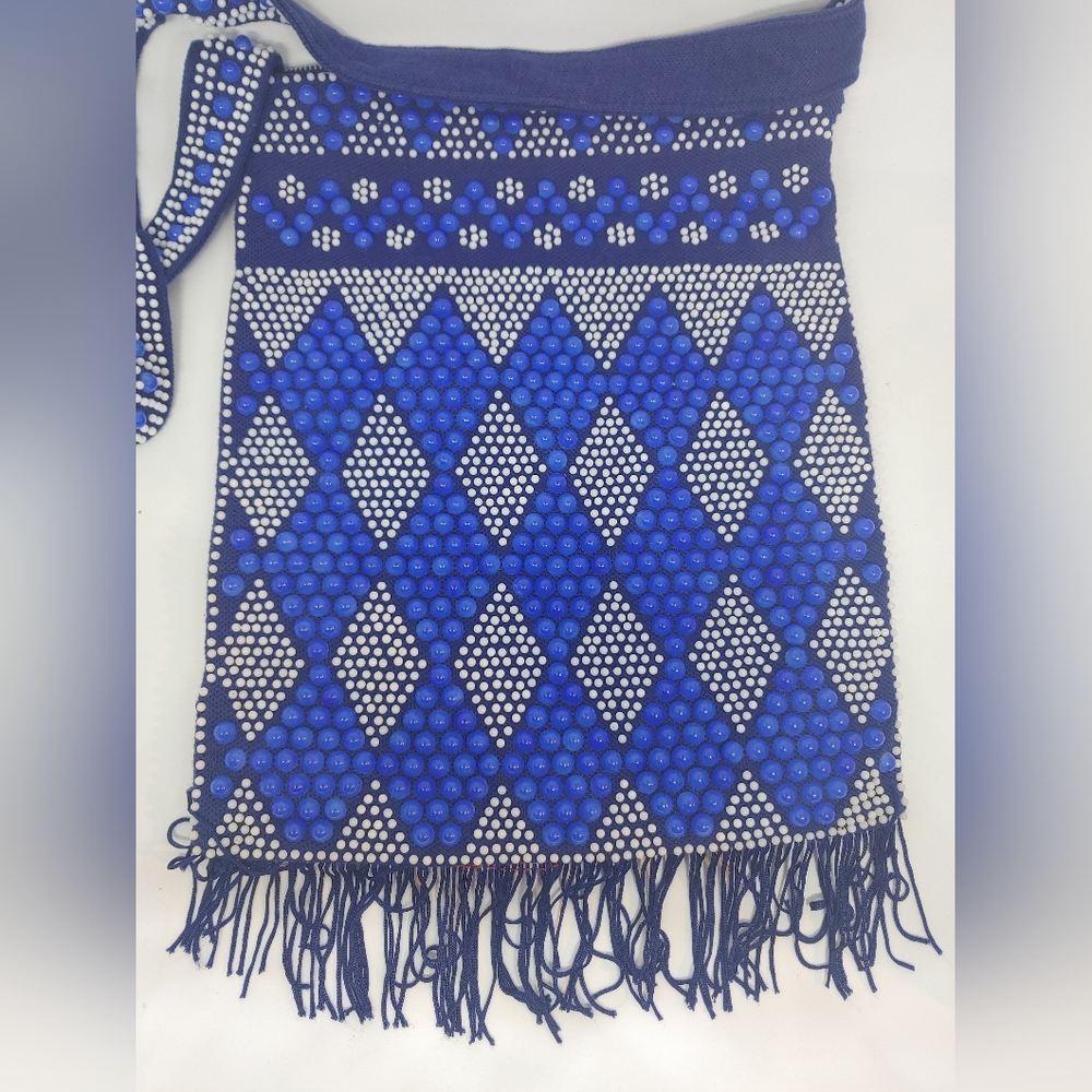 Vintage Blue Beaded Reticule Crossbody Purse with Fringe Candy Dot Purse